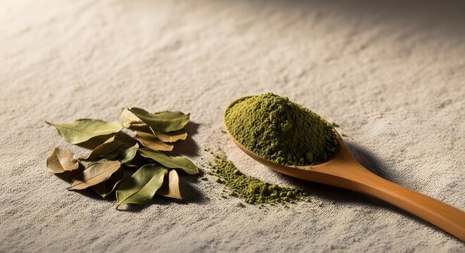 Dried bay leaves next to a wooden spoon filled with vibrant green herbal powder on a textured surface - Powered by Adobe