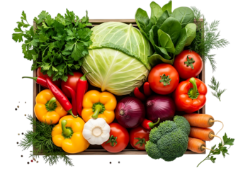 Fresh assortment of raw garden vegetables including cabbage, tomatoes, peppers, broccoli, carrots, and herbs in a wooden crate, isolated on transparent background