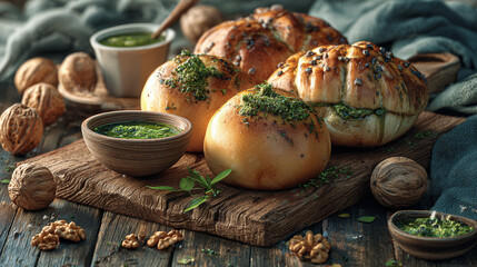 A delectable culinary creation featuring baked goods, surrounded by walnuts and accompanied by pesto sauce