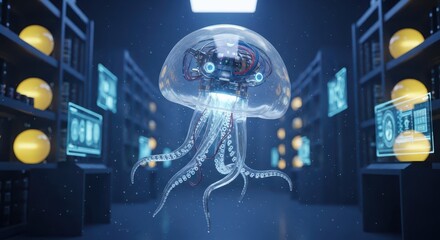 Obraz premium Translucent robotic aquatic organism hovers within a futuristic digital archive setting