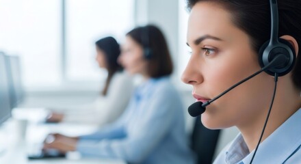 Woman in headset providing support service. Customer support operator with microphone for call center telemarketing or online assistance.