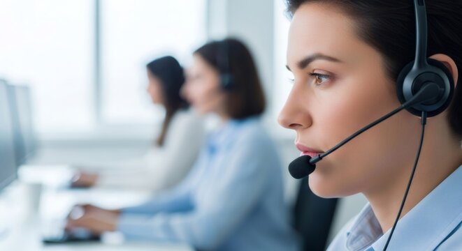 Woman in headset providing support service. Customer support operator with microphone for call center telemarketing or online assistance.