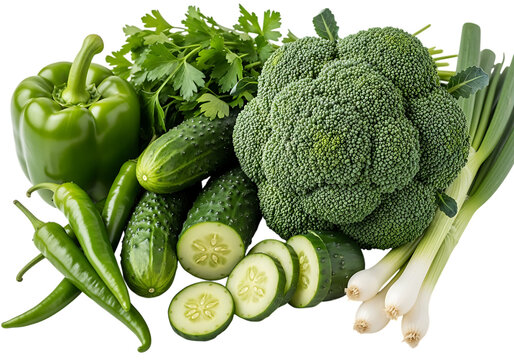 Assortment of fresh green vegetables including broccoli, bell pepper, cucumber, chili pepper, scallion, and parsley isolated on transparent background
