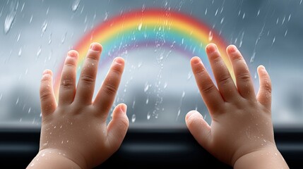 Colorful rainbow created by hand silhouettes on glass during a joyful children's art project indoors