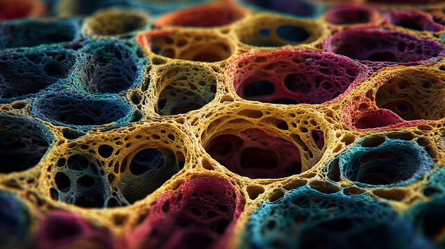An abstract cellular cluster concept illustrating colorful porous structures interconnected in a complex organic network, symbolizing biological diversity and evolution.

