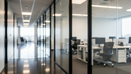 Quiet office rooms lined with glass panels display tidy desks and computer setups while the smooth hallway surface enhances the open and contemporary environment.
