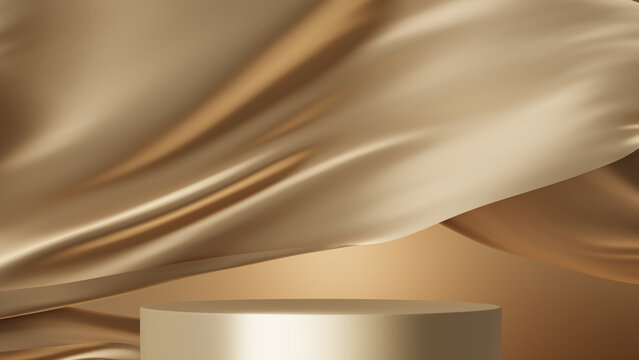 3D display podium, gold beige background with pedestal and flying color silk cloth curtain.Nature wind. Beauty, cosmetic product presentation stand. Luxury feminine template 3d render advertisement	
