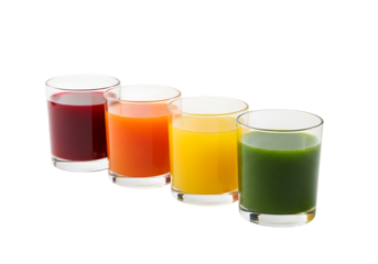 Four glasses filled with different colored fresh vegetable and fruit juices lined up against a transparent background, isolated on transparent background
