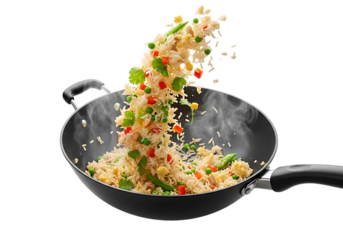 Stirfried rice with vegetables being tossed high in the air from a black wok, isolated on transparent background