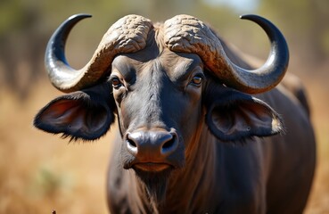 Naklejka premium African buffalo stands in dry grassland facing camera. Strong herbivore mammal has large curved horns. Wild animal poses in its natural habitat during daytime.