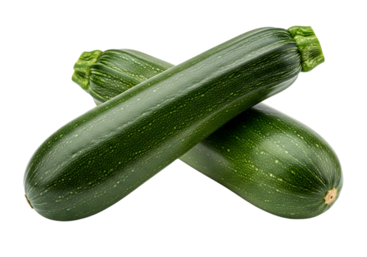 Two fresh, dark green zucchini vegetables crossed over each other, isolated on transparent background - Powered by Adobe