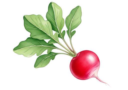 Watercolor illustration of a fresh red radish with vibrant green leaves, isolated on transparent background
