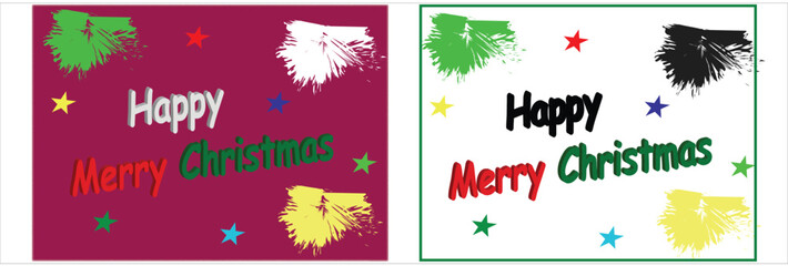 A festive set of two Christmas greeting designs featuring "Happy Merry Christmas" text with a slight 3D effect. The layout includes colorful grunge paint splatters and scattered stars on contrasting.