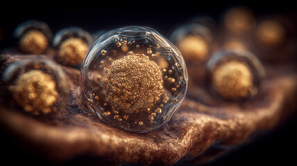 A detailed cellular sphere encased within a transparent membrane symbolizing biological protection structural complexity and fundamental processes of living systems.
