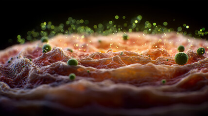 A dynamic biological landscape with dispersed spherical elements representing active processes microscopic interaction and organic system behavior.
