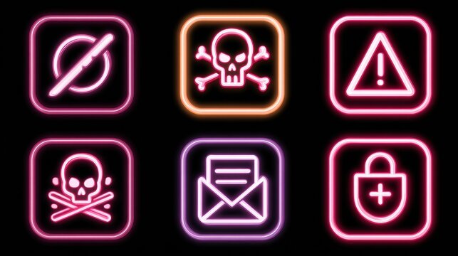 Digital Anti-Spam Filter Visually Representing Email Threats With Clean Neon Style Icons on a Dark Background