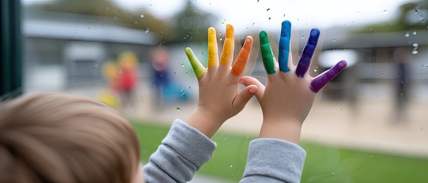 Close-up of hands painting a colorful rainbow on glass with watercolor, showcasing a child's creativity and joy in learning about art and diversity