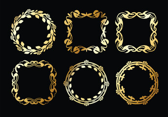 Ornate golden frames and wreaths set for luxurious design elements
