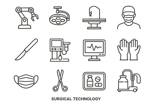 Vector tray icons sterile robotic medical lamp suction machine icon tech surgical