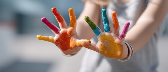 Hands create a colorful rainbow with watercolor paint on glass, showcasing a child's artistic expression and creativity in a playful environment