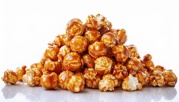 generous artfully mounded caramel popcorn plump kernels thick glossy golden brown glaze isolated against a brilliant white background copy space concept of irresistible gourmet snack appeal