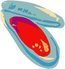 A vibrant, stylized vector illustration of an opened mussel (or clam) shell, revealing the meat inside. Perfect as a menu icon, fish market graphic, or for promoting Mediterranean cuisine.