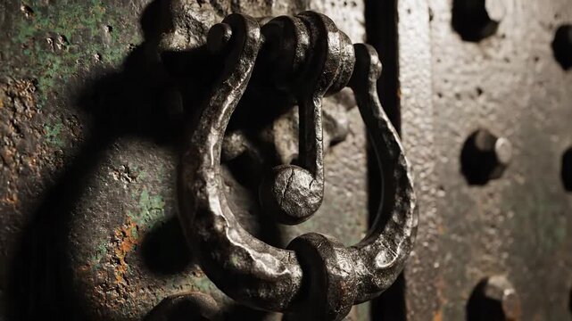 Close-up video of an old rustic metal door knocker with weathered texture and rivets