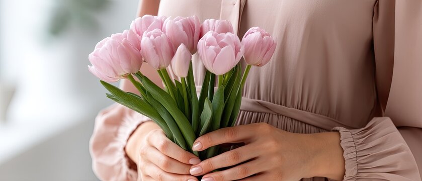 Pregnant woman wearing pink dress holds tulips near her belly on a white background with space for text and message