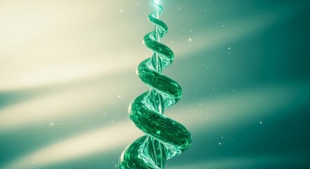 Obraz premium Molten crystalline emerald forms a spectacular liquid spiral glowing gracefully upward with brilliant aqua highlights and soft shimmering haze. Abstract modern concept