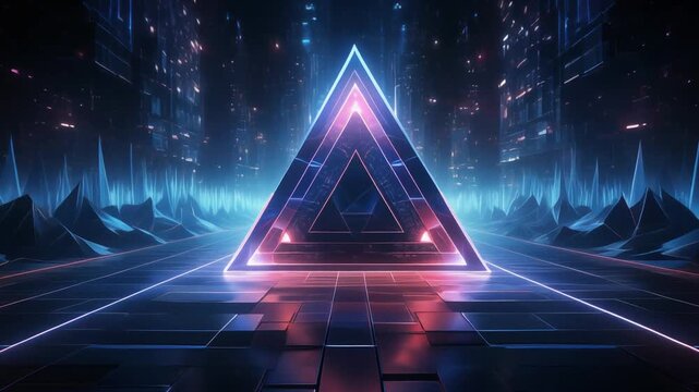 Illuminated Futuristic Triangle Gateway with Neon Lights and Reflective Surfaces in a Cityscape