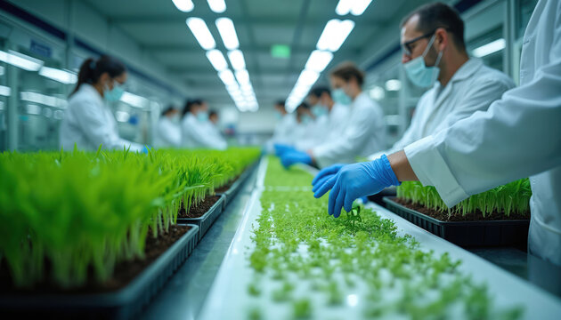 Scientists in lab coats, masks work with green plants in trays. Researchers conduct genetic experiments with seedlings in modern research facility. Future food, sustainable agriculture are studied.