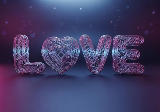 Three dimensional crystalized word love with heart shape in center against dark blue and pink neon light background