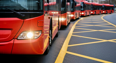 A long line of modern red public transport buses with headlights on is parked along a city street with distinctive yellow road markings
