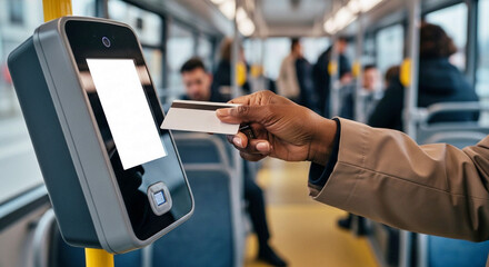 A hand taps a contactless smart card onto a digital validator inside a crowded public bus for quick and modern fare payment