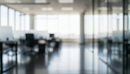 Fototapeta premium Gentle window light illuminates an organized office setting where glass dividers, polished floors, and ergonomic seating create a bright open atmosphere captured in a smooth blurred perspective.
