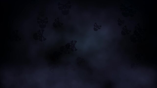 Black Halloween skulls floating on foggy dark cloud background
