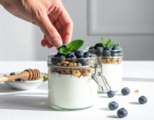 Hand arranging fresh blueberries on a yogurt parfait in bright natural light