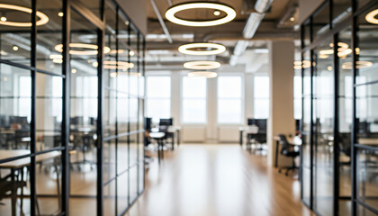 Contemporary workspace presents a calm professional setting with polished floors, collaborative desks, ergonomic seating, and stylish circular lights that highlight the minimalist office environment.