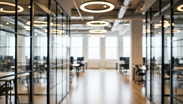 Contemporary workspace presents a calm professional setting with polished floors, collaborative desks, ergonomic seating, and stylish circular lights that highlight the minimalist office environment.