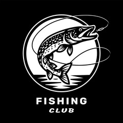 Fishing club logo with an image of a pike on dark background.