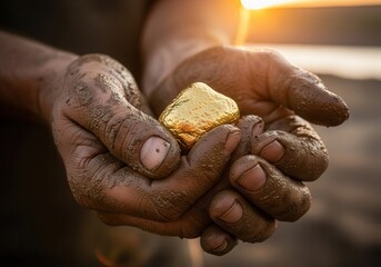 hand holding gold, gold mine