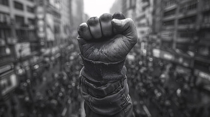 Powerful clenched fist raised in solidarity amidst a blurred crowd during a protest or demonstration