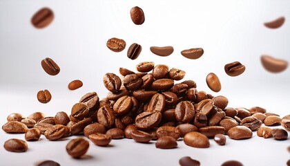 light roasted golden brown coffee beans textured scattered on a white background with copy space some suspended mid air soft light concept for beverage advertising