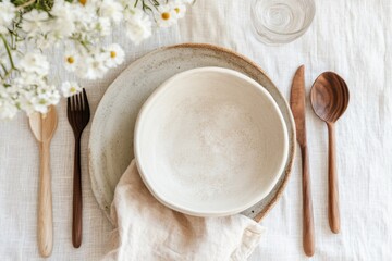 Elegant table setting with rustic dinnerware cozy dining room food photography natural light aesthetic dining experience