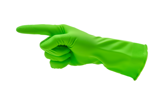 Green rubber glove hand pointing isolated on White or transparent background Cutout PNG