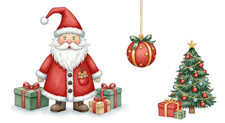 Santa Claus brings festive presents near Christmas tree, creating joyful atmosphere. Santa Claus delivers gift boxes and baubles, spreading holiday cheer.