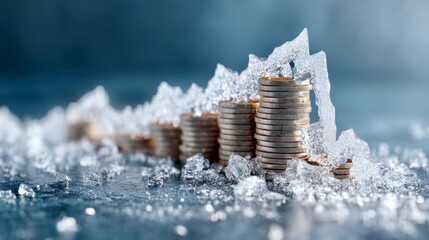 Stacks of coins partially covered in ice with a cold blue background representing financial challenges during winter