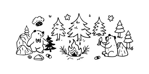 Obraz premium Two bears camping by a campfire with pine trees and mushrooms