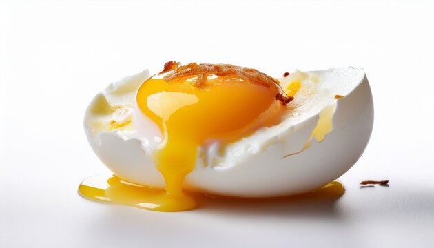 a single perfectly cooked poached egg with a vibrant yellow yolk and translucent glossy white isolated on a white background with copy space concept of culinary perfection and freshness