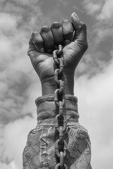 Symbol of freedom and strength a monumental fist breaking chains against a dramatic sky